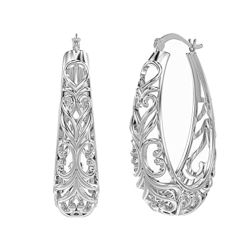 LeCalla 925 Sterling Silver Filigree Hoop Earrings for Women