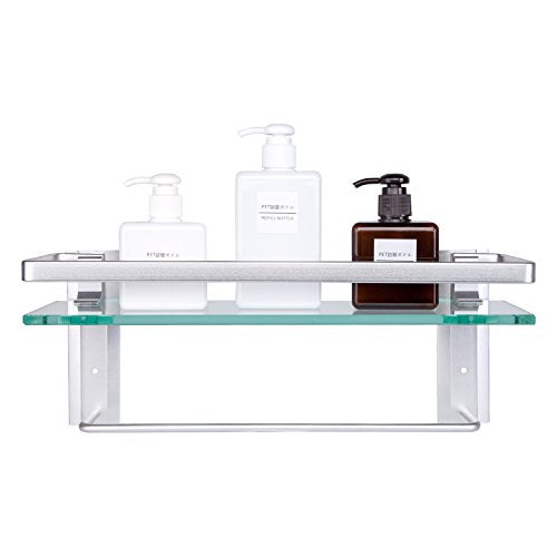 Vdomus Bathroom Glass Corner Shelf Shower Shelve with Towel Bar Wall Mounted, Silver 2-Tier