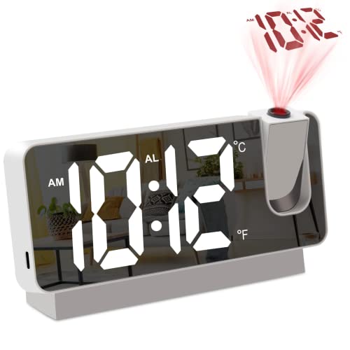 KADAMS Projection Alarm Clock for Bedroom Ceiling & Wall, 180° Projection, Large Mirror LED Screen, USB Charging Port, Loud Dual Alarm Clock & Snooze, Date, Time & Temperature Display (White)