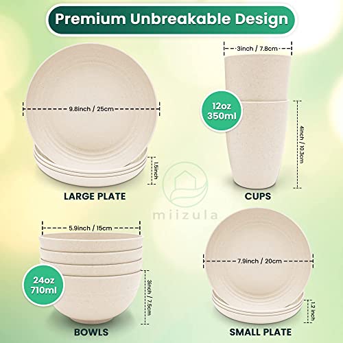 Miizula Premium Wheat Straw Plastic Dinnerware Set 16-piece BEIGE - Unbreakable Reusable Dinner Plates and Bowls Cups - Microwave Dishwasher Freezer Safe - Deep Spillproof - Eco Friendly