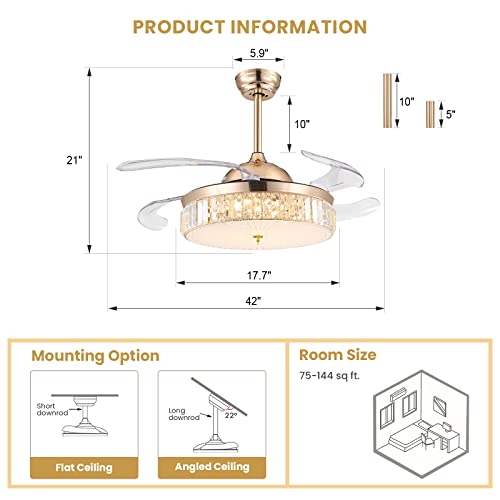 Crossio Crystal Ceiling Fan With Lights Dimmable Led Fans Room 42 Inch