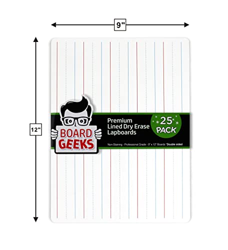 Board Geeks 25 Small Dry Erase Board for Kids - Personal White Board for Kids - Individual White Boards | Portable Kids Mini Whiteboard | Double Sided Small White Boards | Lined and Plain, 9"x12"
