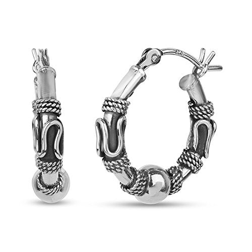 Lecalla 925 Sterling Silver Oxidized Balinese Hoops Earring for Women Teen