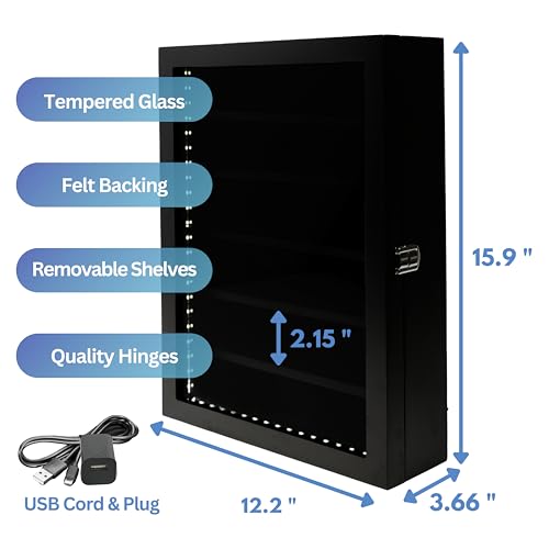 LED Display Case for Collectibles Wall Mount Glass Door Removable Shelves