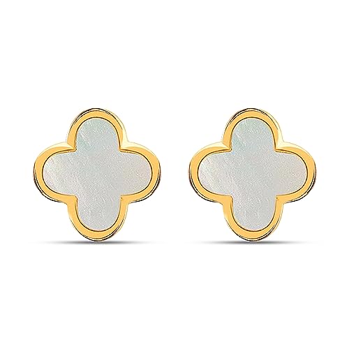 LeCalla 925 Sterling Silver 14K Gold-Plated Mother Of Pearl Clover Leaf Stud Earring for Women