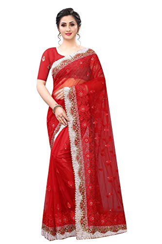 Craftstribe Net Floral Embroidered With Sequence & Pearl Sari for Women