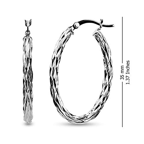 Lecalla Sterling Silver Jewelry Oval Shape Rhodium Hoop Earrings for Women