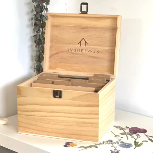 HYGGEHAUS Greeting Card Organizer Box with Dividers - Photo Storage Box, Birthday Cards, Recipes, Keepsake & Scrapbook Keeper | Solid Pine Wood with Secure Clasp - Keep Your Precious Memories Safe