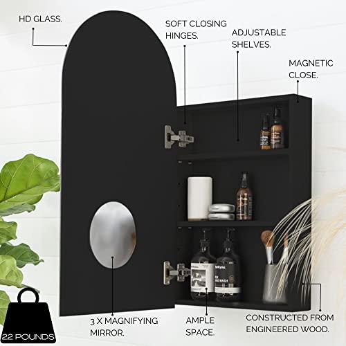 Arched Black Medicine Cabinet With Mirror, Semi Recessed Or Surface Mounted Black Bathroom Mirror Cabinet With Storage - 17" x 32" Inches, Farmhouse Medicine Cabinet With Mirror -Black Mirror Cabinet