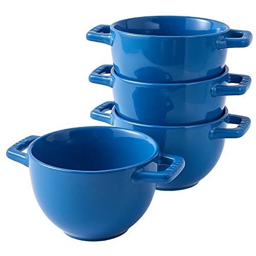 Bruntmor 24 oz French Onion Soup Crocks with Handles, Ceramic Bowls for Rice, Dessert, Pasta, Cereal, Dishwasher, Microwave, Oven & Broil Safe, Set of 4 soup mugs, microwave safe bowls, Blue