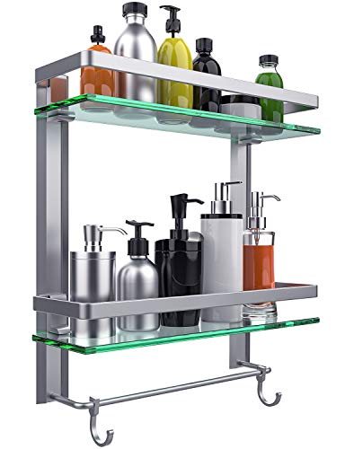Vdomus Glass Bathroom Wall Organizer Shelf, 2-Tier Glass Shelf with Integrated Towel Bar Wall Mounted Shower Storage 15.2 by 5 inches, Brushed Silver Finish (2 Tier Glass Shelf)