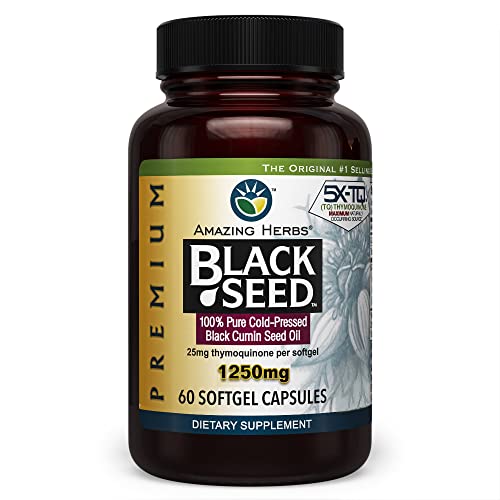 Amazing Herbs Premium Black Seed Oil Capsules High Potency 60 Count 1250mg