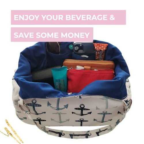 PortoVino Swankey White Coastal Beverage Wine Tote with Hidden, Insulated Flask Compartment Wine Dispenser, Holds 4 bottle of Wine from Cooler! Perfect for Traveling, Concerts, Bachelorette Party!