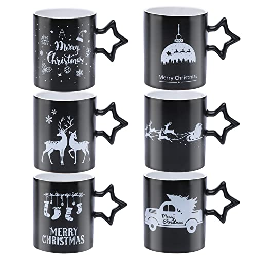 Bruntmor Star Handle Set of 6 Large-sized 14 Ounce Funny Christmas New Year Holidays Novelty Mugs Black