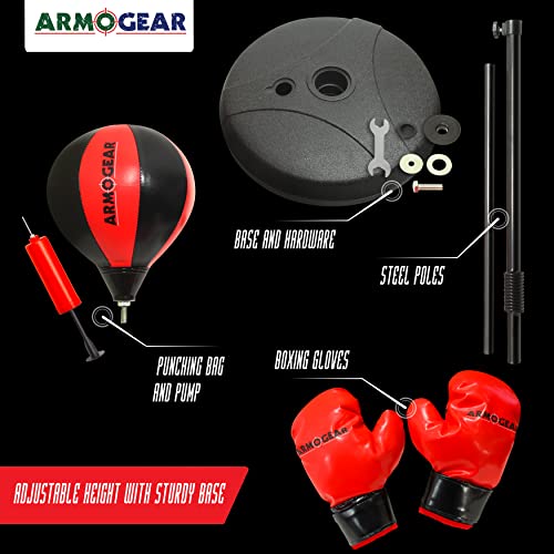 ArmoGear Kids Punching Bag Gloves Pump Stand Boxing Toy for Boys Girls Red