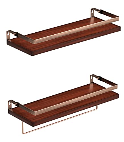 Vdomus Floating Shelves Made of Wood Material 2 Pack, Brown Floating Bathroom Shelves Wall Mounted with Towel Bar for Kitchen