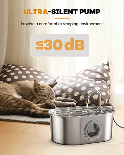 SOOFPET Cat Water Fountain with Water Level Window, 108oz/3.2L Water Fountain for Cats Inside, Stainless Steel Pet Water Fountain Dog Water Dispenser