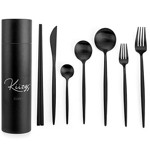 KiiZYs Matte Black Flatware Set - 14-piece Modern Silverware Set Stainless Steel Utensils - Metal Chopsticks Kitchen Cutlery Fork Spoon Knife - Dishwasher Safe House Warming Gift Box (Black, 2 Sets)