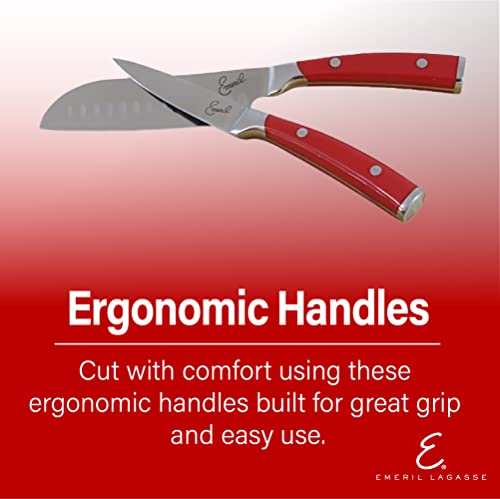 Emeril Lagasse 2 Piece Knife Set 5" Santoku 3.5" Paring Knife Forged Steel Clad Emerilware (Red)