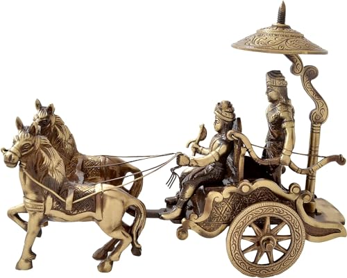 eSplanade Brass Krishna Arjuna Rath Chariot Horses Showpiece Home Decor Krishna Arjun Updesh Gita Saransh (2 Horse Rath)