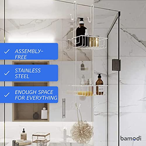 Bamodi Shower Caddy Hanging Stainless Steel | Rustproof 2-Tier Shower Shelf | No Drilling Required | Hangable Bathroom Shower Baskets with 2 Towel Hooks (27.5''x8.3''x7.3'') Hook Size: 0.78 Inches/2cm