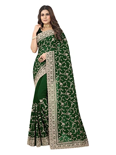 Semi Stitched Heavy Traditional Women Bridal Wedding Wear Saree Dark Green