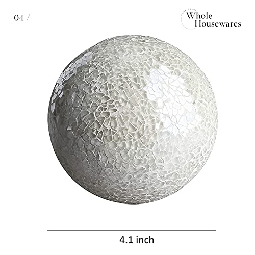 WHOLE HOUSEWARES Decorative Balls Set of 3 Glass Mosaic Orbs for Bowls 4" Diameter White