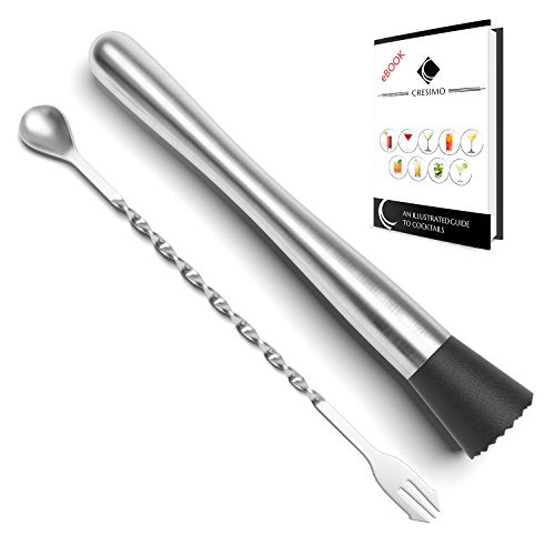10 Inch Stainless Steel Muddler Mixing Spoon Set for Cocktails Cresimo