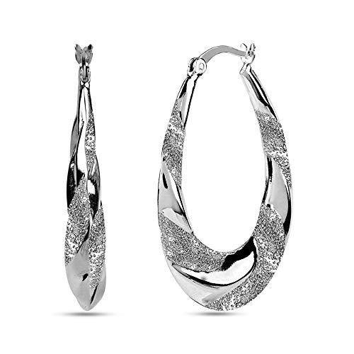 LeCalla Sterling Silver Jewelry Matte Oval Hoop Earring for Women