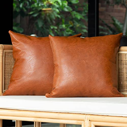 INSPIRED IVORY 18 x 18” Faux Leather Throw Pillow Covers Set of 2 in Brown Tan