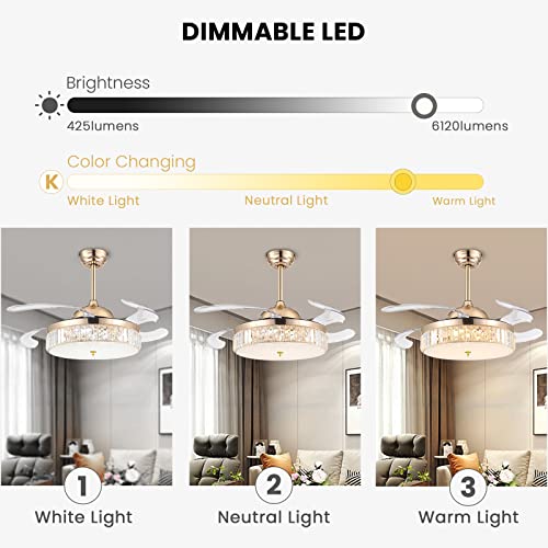 Crossio Crystal Ceiling Fan With Lights Dimmable Led Fans Room 42 Inch