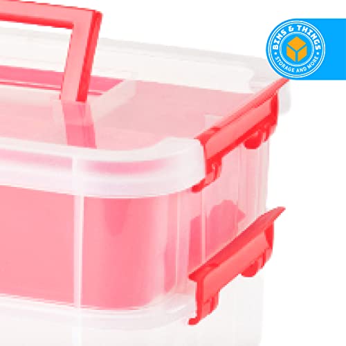 Bins & Things Stackable Storage Container - 3 Trays Craft & Art Organizer Box - Portable Plastic Storage - Divided Storage Box - Locking Lid - Ideal for Craft Supplies & Ornaments - Red