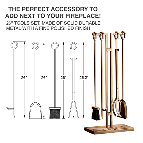 Fireplace Tools Set, 5 pcs Fireplace Accessories - Brass-Plated Poker, Shovel, Tongs & Brush. Easy-to-Assemble Fire Poker Set for Chimney with a Modern Design