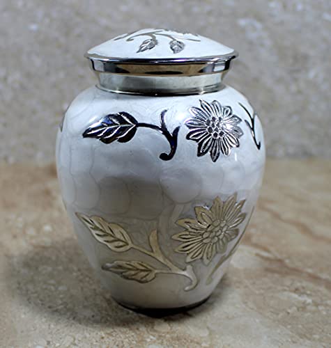 eSplanade Brass Cremation Urn Memorial Jar Pot Container | Medium Size Urn for Funeral Ashes Burial | Floral Engraved Metal Urn | White-Silver - 6" Inches
