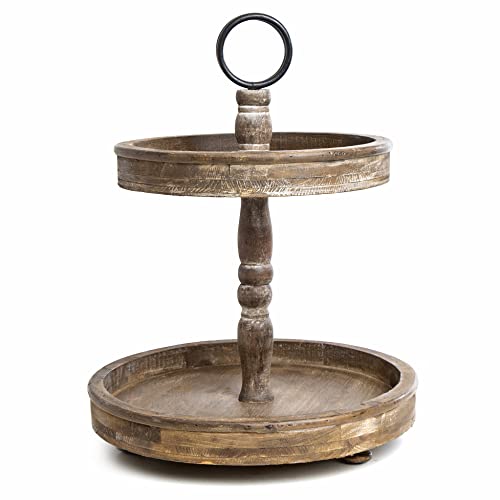 Hallops Wood 2 Tiered Tray, Rustic Farmhouse Decor, Rustic Serving Cake Stand, Galvanized Kitchen Table (Brown)