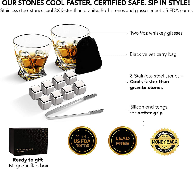 Flybold Whiskey Stones Gift Sets Whiskey Glass Gifts Set of 2 Large Glasses 8 Stainless Steel Chilling Stone Tong Velvet Bag Premium Magnetic Gift Box