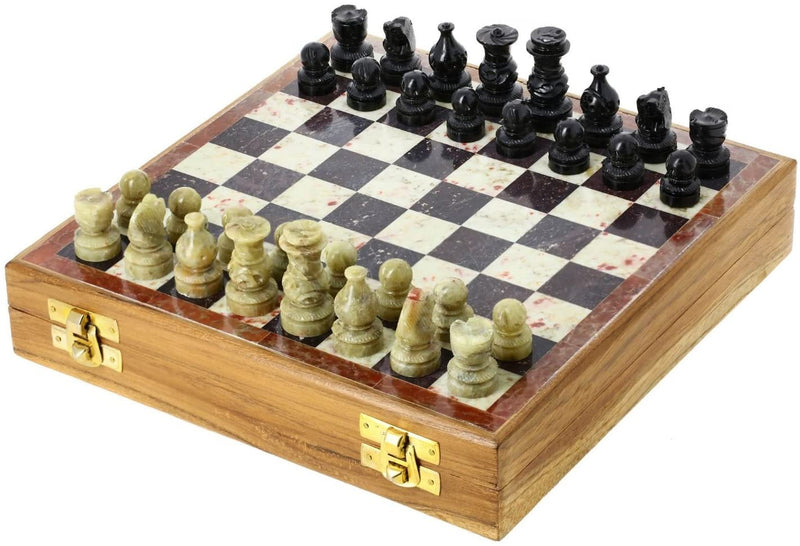 StonKraft 8X8 Inch Chess Board with Wooden Base with Stone Inlaid Stone Pieces