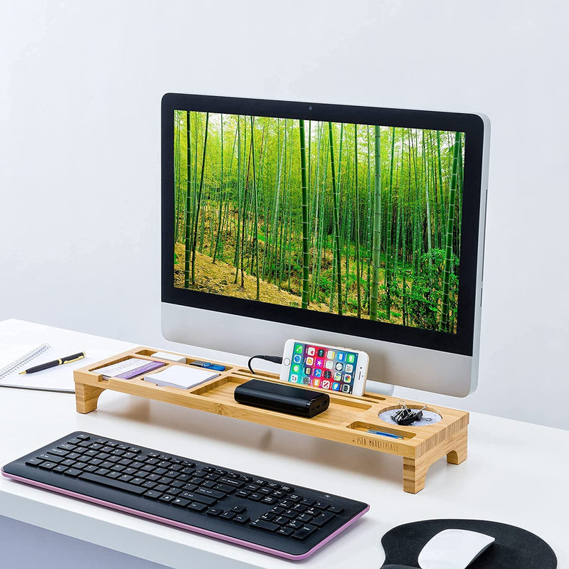 Bamboo Desk Organizer with Keyboard Storage and Phone holder for Home and Office