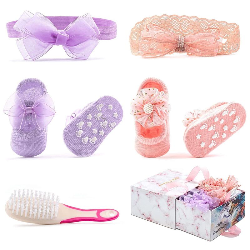 Baby Girl HairBrush Set with Headbands Infant Booties Bows 5 pcs Purple Pink