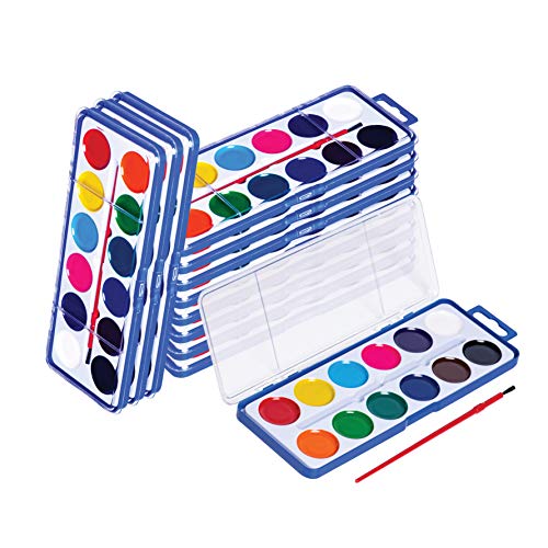 Watercolor Paint Set for Kids - Bulk Set of 12 - Washable Paint in 12 Colors - Perfect for Home, Classroom and Birthday or Art Party - Paintbrush Included