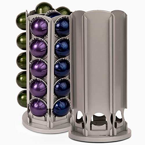 Velten Coffee Pod Carousel Holder Compatible with Nespresso Vertuo Capsules, Gray Large Capacity 30 Pods Storage with 360° Rotation, Central Organizer for Sugar, Cream, or Accessories
