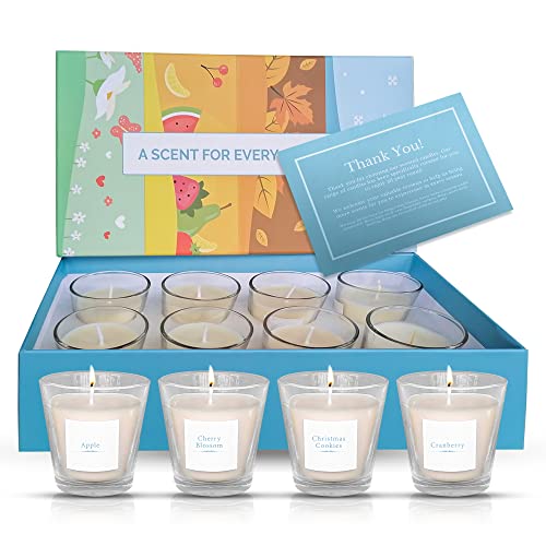Scented Candles Gift Set, 8 Soy Wax Jars with The Familiar scents of Every Season. A Lovely Gift for Birthdays, Mothers Day, Christmas, Yoga Practice or Aromatherapy Sessions