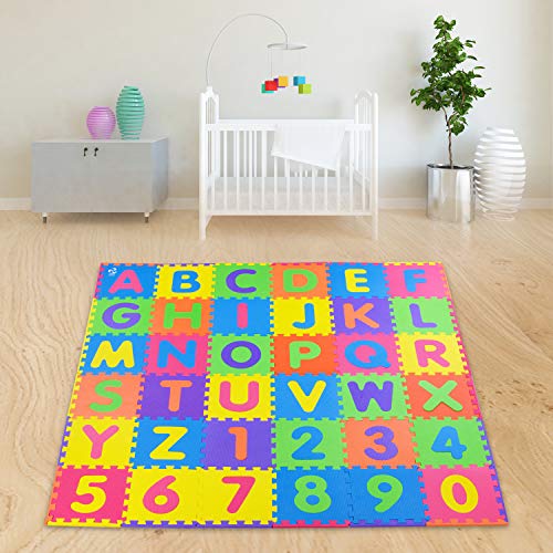 SAFEST Non Toxic Alphabet Puzzle Mat - THICKEST ABC + Numbers 0 to 9 Flooring Mat, 36 Tiles I Kids Learn & Play with Interlocking Puzzle Pieces