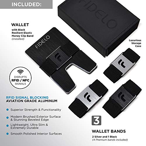 Fidelo Minimalist Wallet for Men – Slim Pop Up Wallet With Money Clip Made of Aluminum with Pull Tab for Quick access - RFID Blocking Smart Wallet With 4 Modern Cash Bands - Titan Black