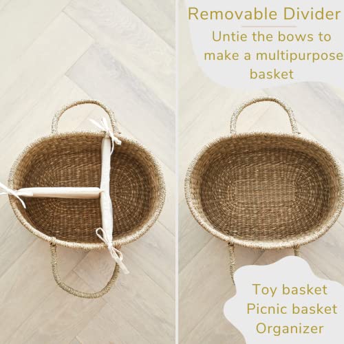 BEBE BASK Baby Diaper Caddy Organizer in Organic Seagrass w Removable Divider - Luxury Diaper Caddy Basket Makes The Perfect Cute Diaper Caddy for Baby Girl & Diaper Caddy for Baby Boy