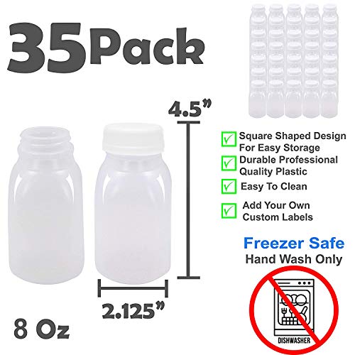 Upper Midland Products 2 oz Small Plastic Juice Bottles, 35 Mini Clear Bottles and Black Lids Caps for Liquids Smoothies