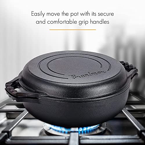 Bruntmor 2-in-1 Pre-Seasoned Cast Iron Dutch Oven with dual handles, Cocotte Double Braiser Pan with Grill Lid 3.3 Quarts - BBQ Grill, Fryer - Outdoor Cookware Set with Dual Handles, Camping,- Black