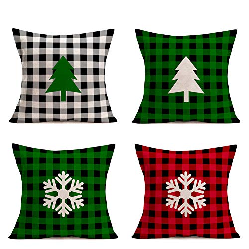 Hopyeer Pack 4 Christmas Grid Throw Pillow Covers & Case 18x18 Festiva 16