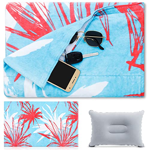 Bellaniks Oversized Beach Towel - 360gsm Thick Cotton, Quick-Drying, Absorbent, Extra Large Cloth for Beach, Pool, Sunbathing - with Inflatable Pillow & Hidden Pocket - Palm Leaf Print 63x36"