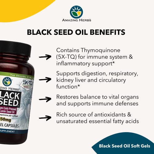 Amazing Herbs Premium Black Seed Oil Capsules High Potency 60 Count 1250mg